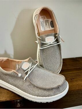 Hey Dude Sparkle Slip-On Shoes in Silver and Pale Pink